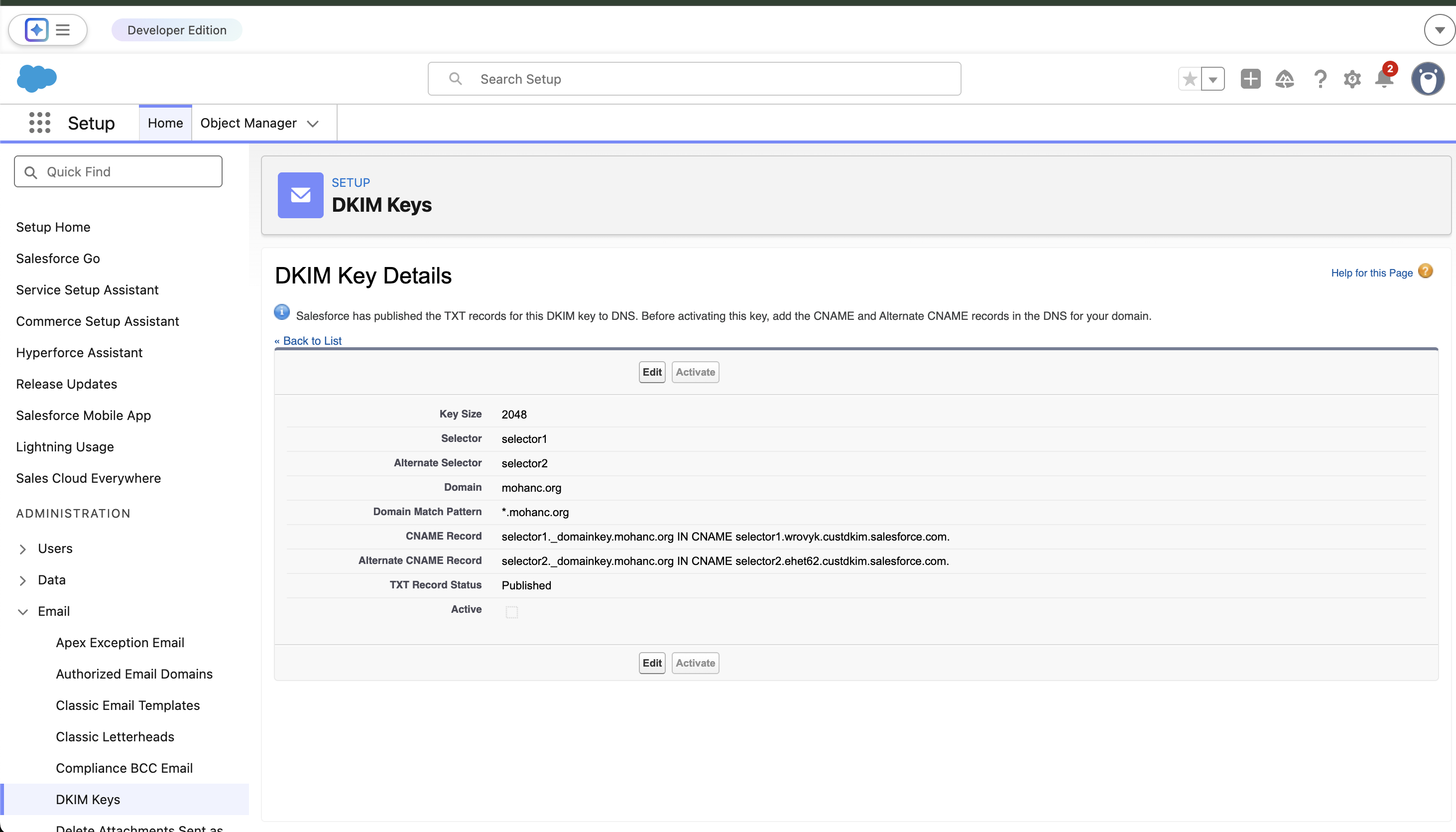 Salesforce DKIM Setup
